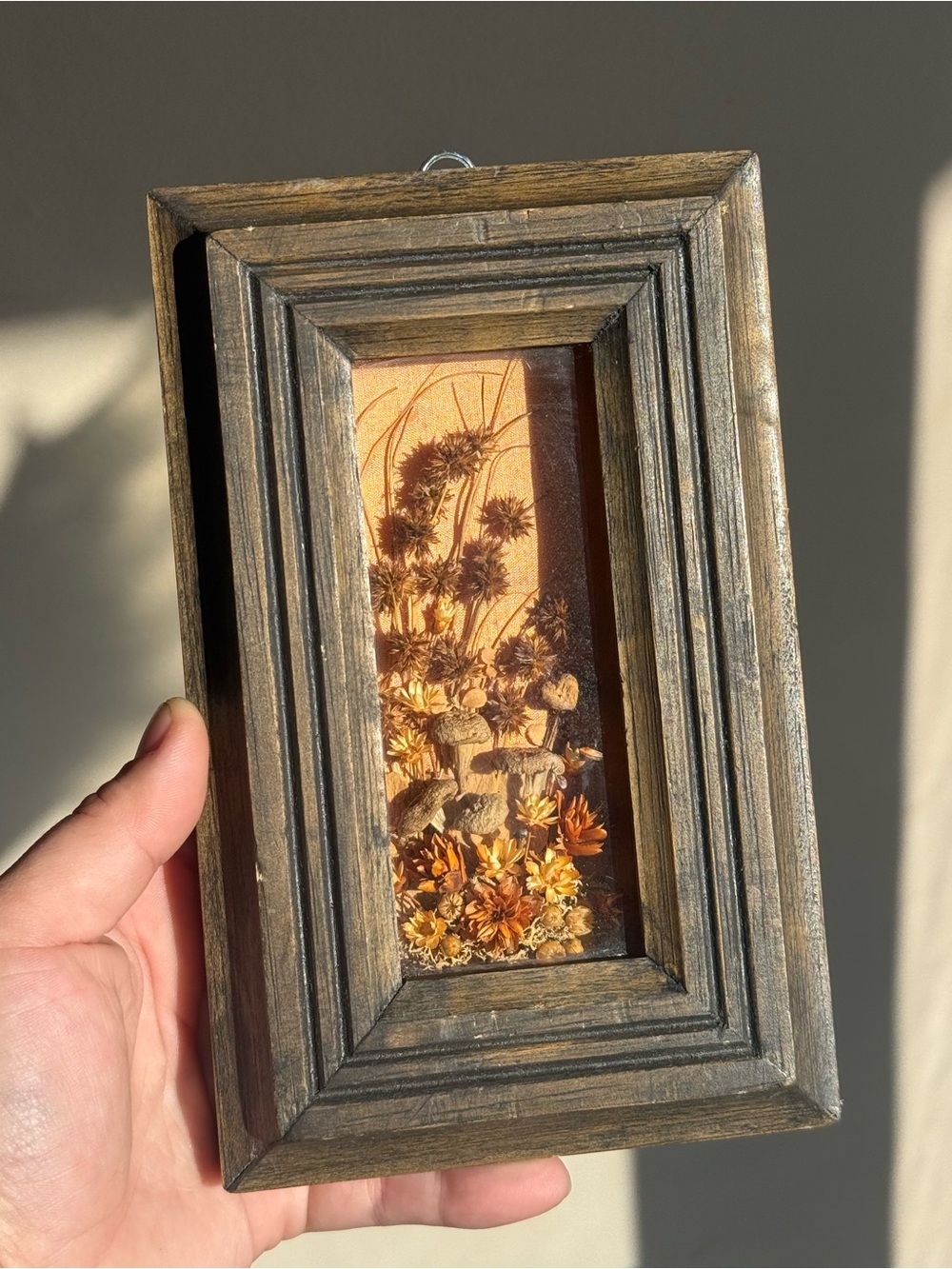 Dried Flowers Mushroom Vintage MCM 70s Shadow Box Wood Framed Wall Art Decor